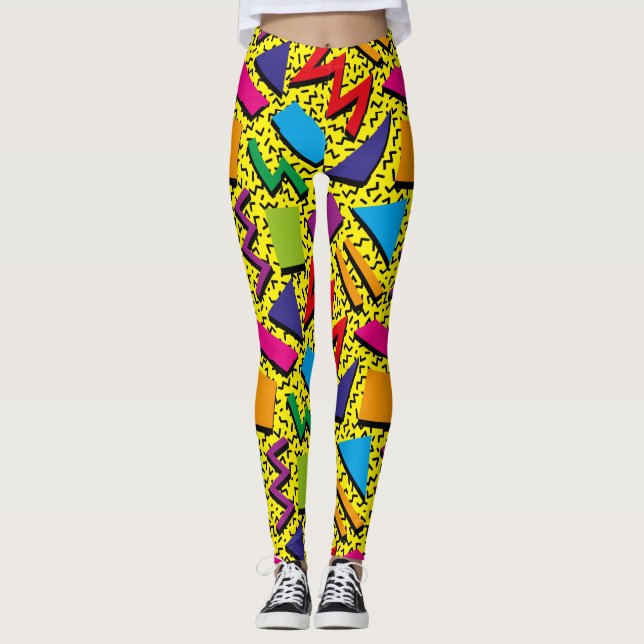 Trendigt 80-talsmönster Färgglad Gul Leggings (Framsida)