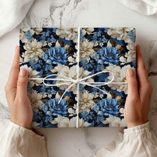 Trendigt Blått Elfenbensvitt Blommigt Dekorativt P Presentpapper