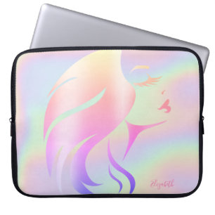 Trendigt coolt flickansikte siluett holografisk laptop fodral