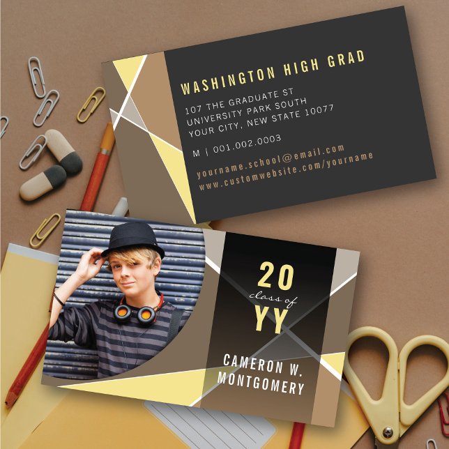 Trendigt Geometriska Linjer Mod Foto Examen (Tan Stylish Geometric Criss Cross Photo Graduation Calling / Name Card @ zazzle.com/color_therapy)