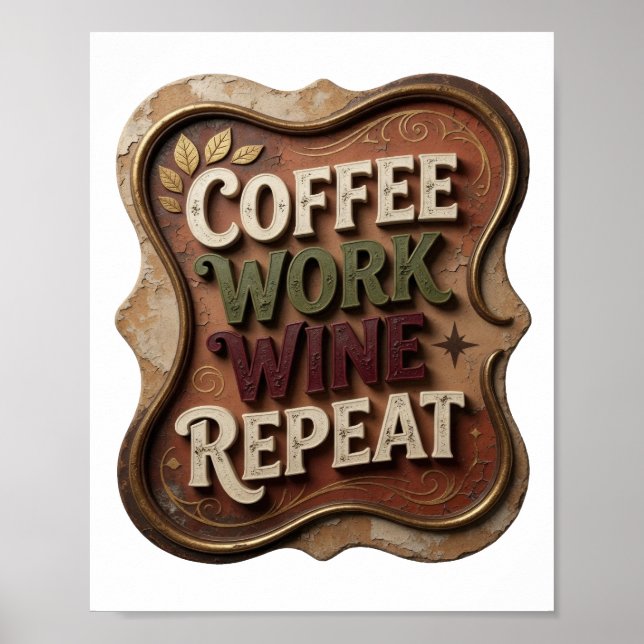 Trendigt Guld Kaffe ARBETE VIN REPETERAR Poster (Framsidan)