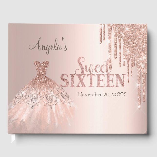 Trendigt klänning glitterdropar roséguld Sweet 16 Gästböcker (Framsida)