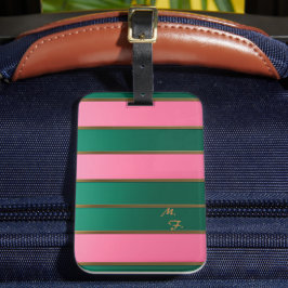 Trendigt monogram med fet rosa och grön, guld rand bagagebricka