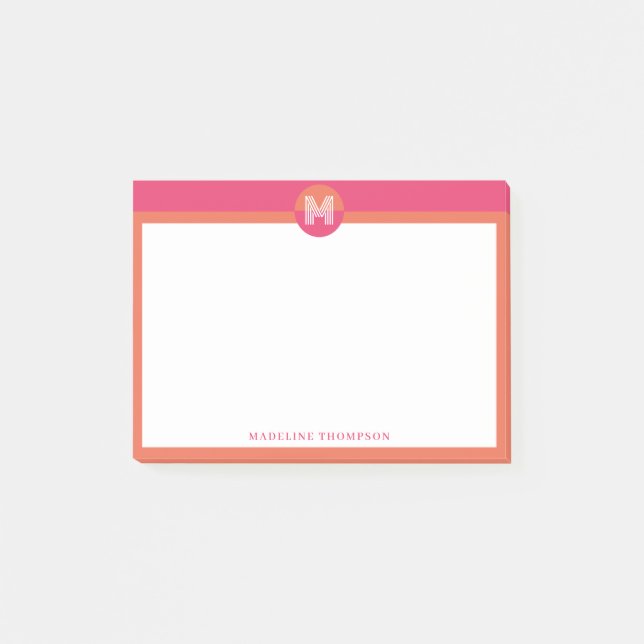 Trendigt rosa orange geometriskt modernt monogram post-it block (Framsida)