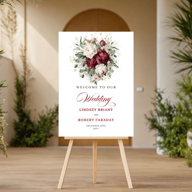 Trendigt Rustik Burgunder Blommig Eukalyptus Välko Poster (Chic Rustic Burgundy Floral Eucalyptus Welcome Poster)
