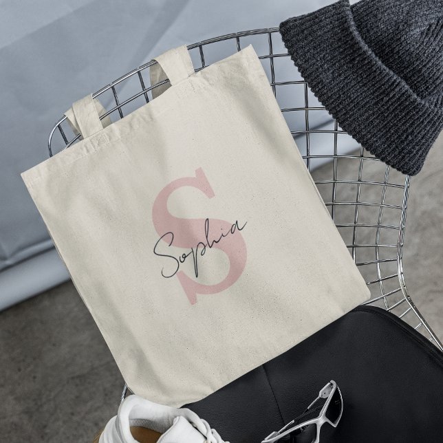 Trendigt skriptnamn med rosa initialmonogram tygkasse (Skapare uppladdad)