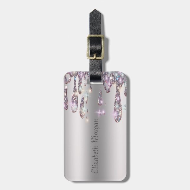 Trendigt Streckigt Silver Glitterdroppar Bagagebricka (Vertikal Framsida)