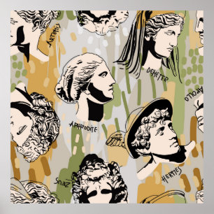 Trending Greece Gods Art Porträtt Seamless Mönster Poster