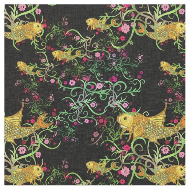 Trending Oriental stil Koi and Flowers Mönster Tyg (Närbild)