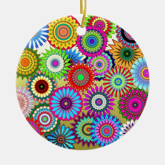 Trending Psychadelic Flower Power Print Suppor Julgransprydnad Keramik (Framsidan)