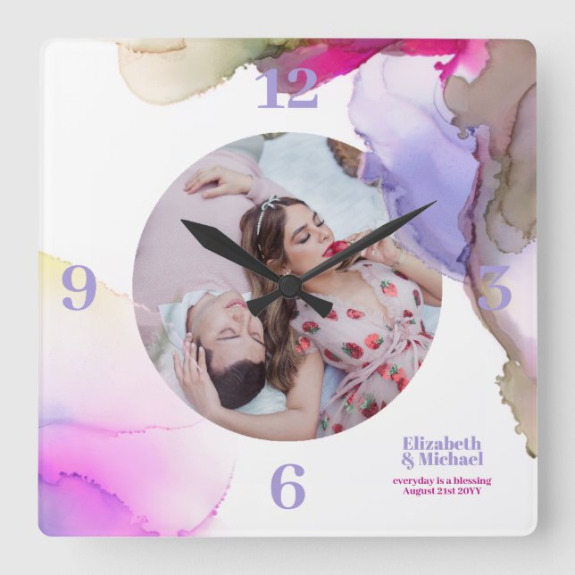 Trending Wall Clocks Moody Watercolor PHOTO Fyrkantig Klocka (Framsida)