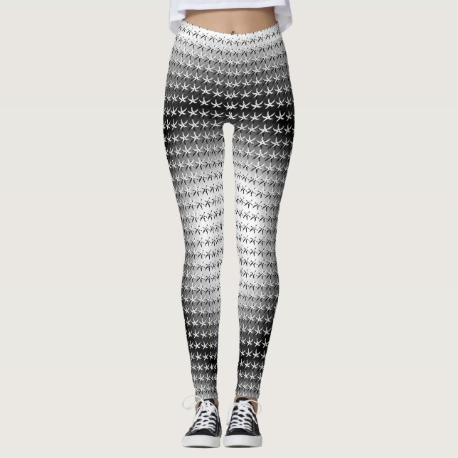 Trending white black star intricate mönster leggings (Framsida)