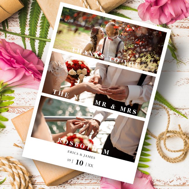 Trendsettande minimalistisk collage av 3 moderna f tack kort (Trendsetting Minimalist Collage of 3 Modern Photos Thank You Card with Envelope.)