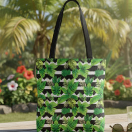 Trendy Bag with Green Leaves and Striped Details Tygkasse
