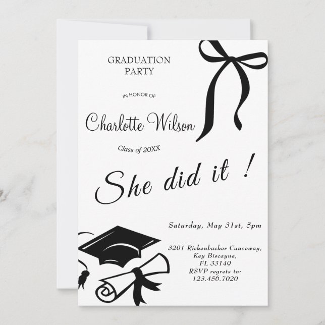 Trendy Black Bow Graduation Party Invitation Inbjudningar (Framsida)