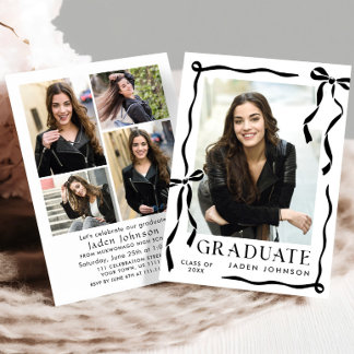 Trendy Black Bow Ribbon 5 PHOTO Graduation Party Inbjudningar