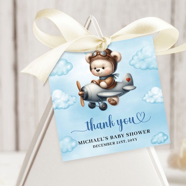 Trendy Blue Brown Teddy Bear Aviator Baby Shower Gåvor Etiketter (Trendy Blue Brown Teddy Bear Aviator Boy Shower Decor Favor Tag

)