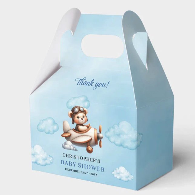 Trendy Blue Brown Teddy Bear Pilot Baby Shower Box Presentaskar (Trendy Blue Brown Teddy Bear Pilot Baby Shower Favor Box

)