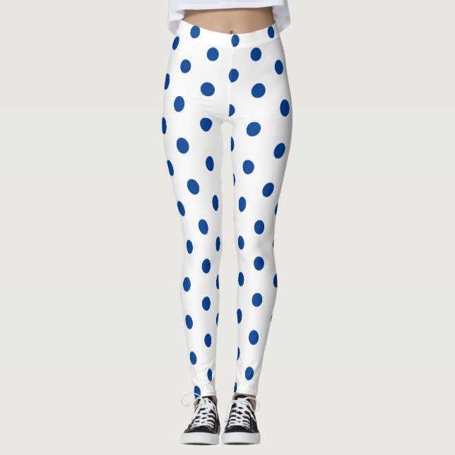 Trendy Blue Polka dot Pattern On White Retro  Leggings (Framsida)