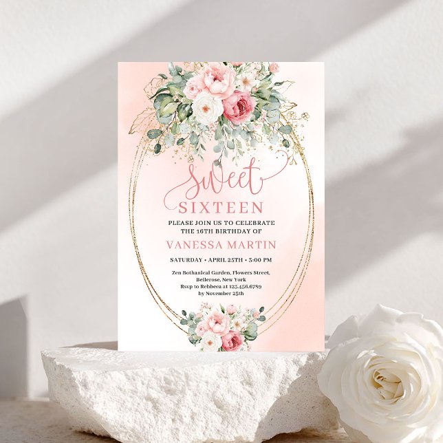Trendy Blush Floral Sweet Sixteen Party Invitation Inbjudningar (Trendy Blush Floral Sweet Sixteen Party Invitation)