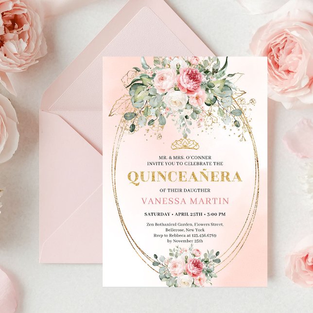 Trendy Bohemian Blush Floral Quinceañera Invitatio Inbjudningar (Trendy Bohemian Blush Floral Quinceañera Invitation)