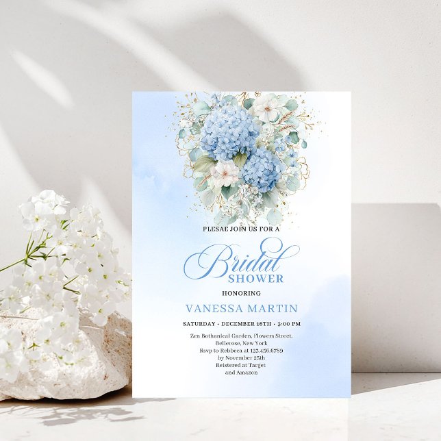 Trendy Boho Blue Floral Bridal Shower Invitation Inbjudningar (Trendy Boho Blue Floral Bridal Shower Invitation)