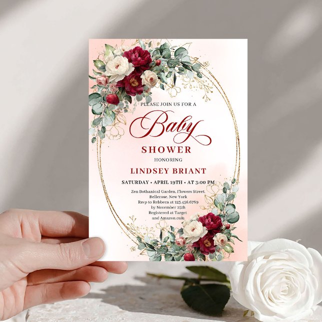 Trendy Boho Burgundy Peony Baby Shower Invitation Inbjudningar (Trendy Boho Burgundy Peony Baby Shower Invitation)