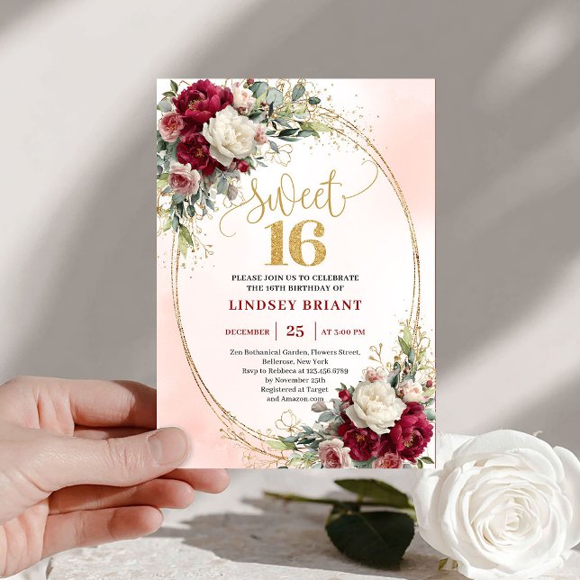 Trendy Boho Deep Red Gold Floral Sweet Sixteen  Inbjudningar (Trendy Boho Deep Red Gold Floral Sweet Sixteen Invite)