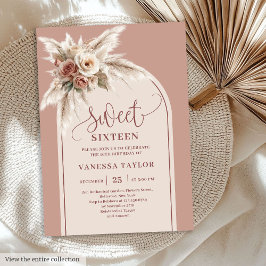 Trendy Boho Dusty Pink Pampas Floral Arch Sixteen Inbjudningar