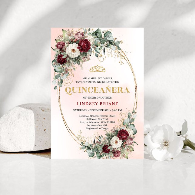 Trendy Boho Maroon Floral Eucalyptus Quince Invite Inbjudningar (Trendy Boho Maroon Floral Eucalyptus Quince Invite)