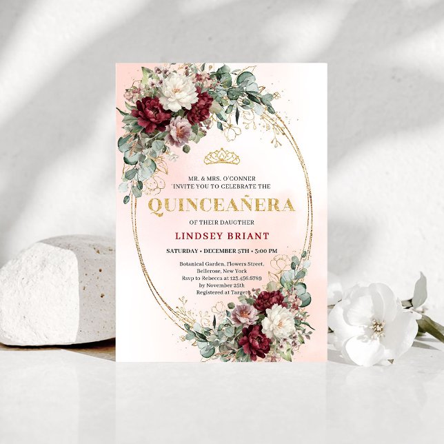 Trendy Boho Marsala Flowers Eucalyptus Quinceañera Inbjudningar (Trendy Marsala Flowers Eucalyptus Quinceañera Invite)