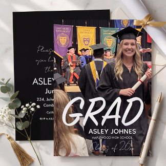 Trendy bold black and white photo grad invitation
