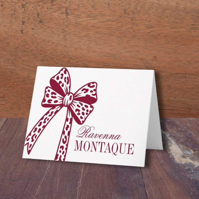Trendy Burgundy Leopard Bow Handwritten Name Party Anteckningskort (Skapare uppladdad)