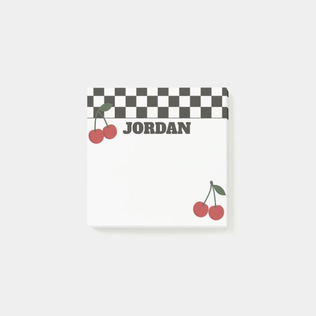 Trendy Checkerboard & Cherry Custom Name Post-it Block (Framsida)
