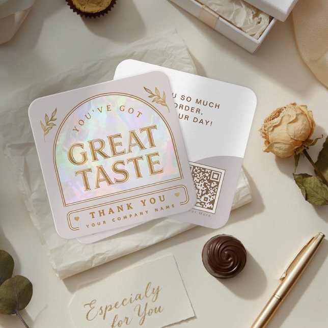 Trendy Chic Holographic Aura Arch Beige Thank you Fyrkantigt Visitkort (Trendy Chic Holographic Aura Arch Beige Thank you Square Business Card)