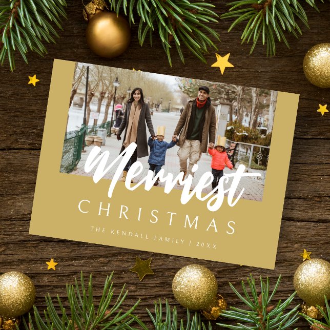 Trendy Chic Photo Merriest Christmas Quote Julkort (Christmas Trendy Modern Photo Merriest Christmas Quote in Faux Gold Holiday Card with Envelope.)