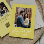 Trendy citrus yellow stylish script two photo spara datumet<br><div class="desc">This stylish save the date features a retro inspired script "save the date" under a single photo on a trendy color of the year citrus yellow background along with simple custom text. The back of this modern save the date has a coordinating yellow stripe along with a horizontal photo, room...</div>