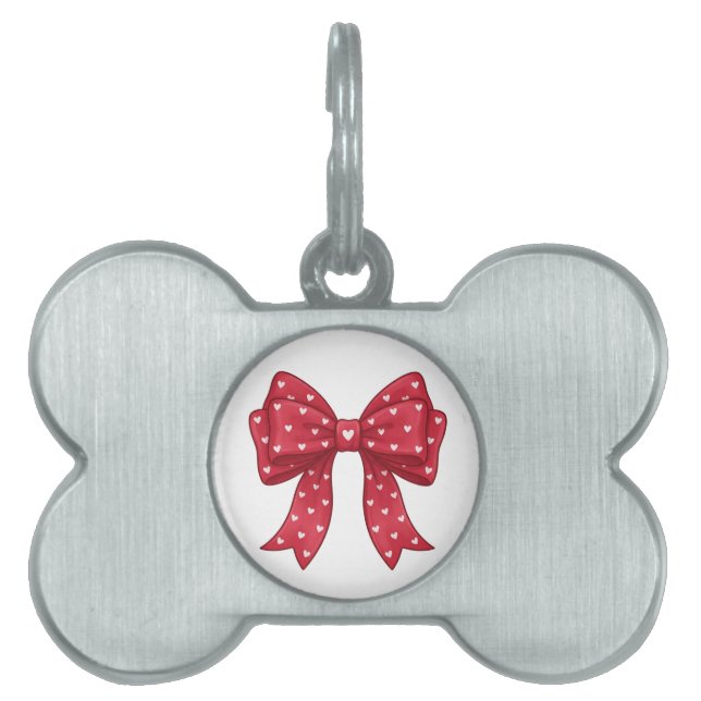 Trendy Coquette Red Ribbon Bow with White Hearts ID-bricka Husdjur (Framsidan)