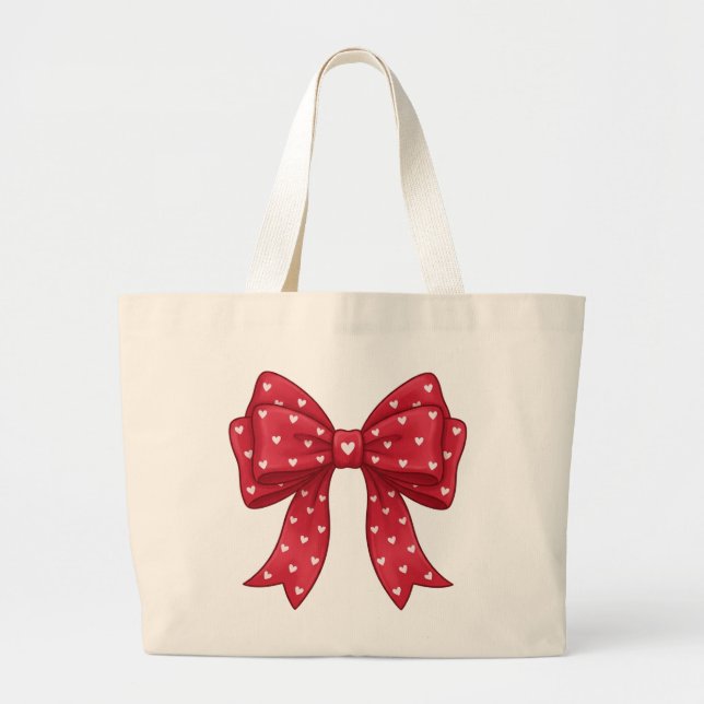 Trendy Coquette Red Ribbon Bow with White Hearts Jumbo Tygkasse (Framsidan)