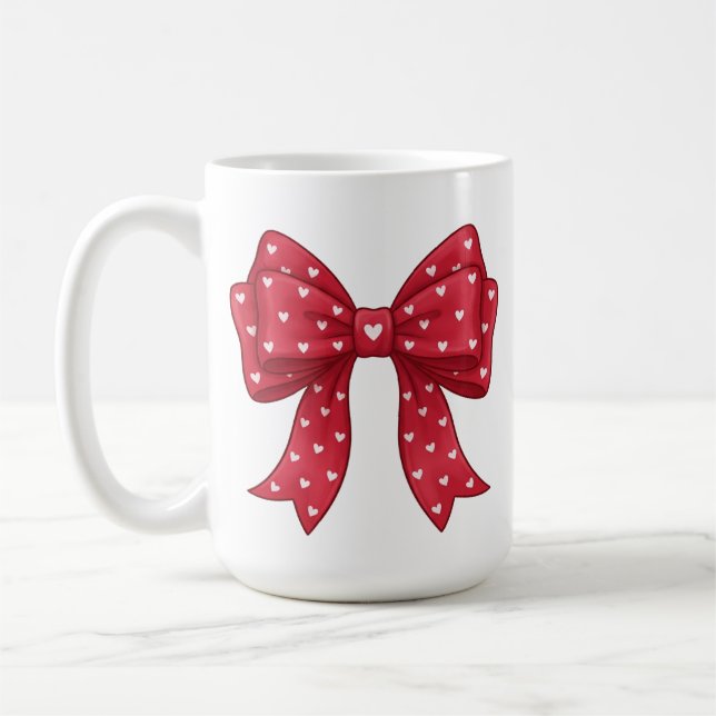 Trendy Coquette Red Ribbon Bow with White Hearts Kaffemugg (Vänster)