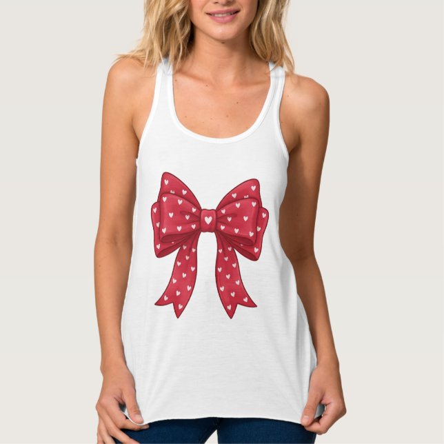 Trendy Coquette Red Ribbon Bow with White Hearts Linne Med Racerback (Framsida)