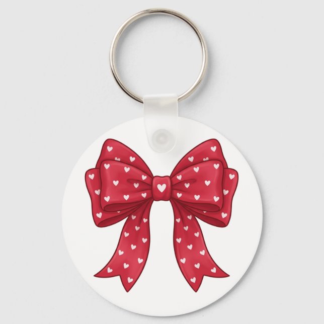 Trendy Coquette Red Ribbon Bow with White Hearts Nyckelring (Framsida)