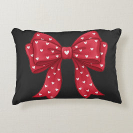 Trendy Coquette Red Ribbon Bow with White Hearts Prydnadskudde