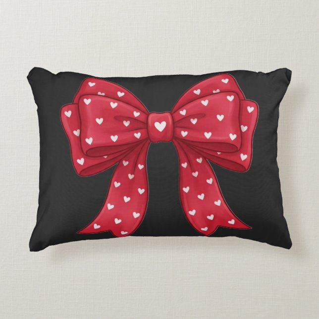Trendy Coquette Red Ribbon Bow with White Hearts Prydnadskudde (Framsidan)