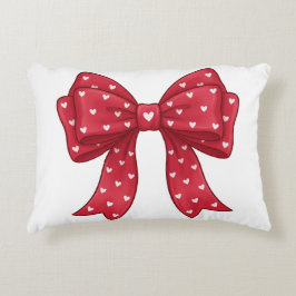 Trendy Coquette Red Ribbon Bow with White Hearts Prydnadskudde