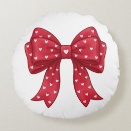 Trendy Coquette Red Ribbon Bow with White Hearts Rund Kudde