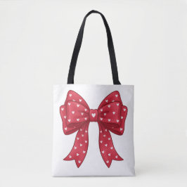 Trendy Coquette Red Ribbon Bow with White Hearts Tygkasse