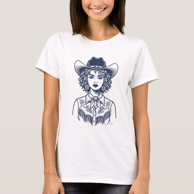 Trendy Cowgirl Western Line Art T Shirt (Framsida)