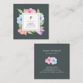 Trendy Cute Watercolor Pink Gold Flowers Monogram Fyrkantigt Visitkort