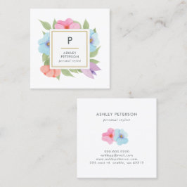Trendy Cute Watercolor Pink Gold Flowers Monogram Fyrkantigt Visitkort